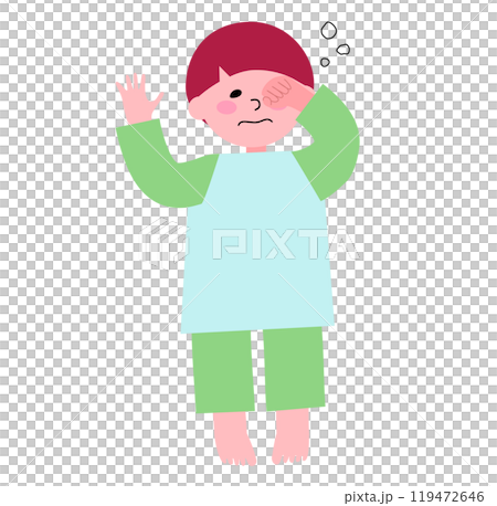 パジャマを着た幼い男の子が眠い目を擦って手を振っている全身のイラスト 119472646