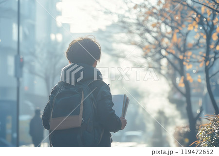 秋の朝の通学路を歩く男子学生の後ろ姿 119472652