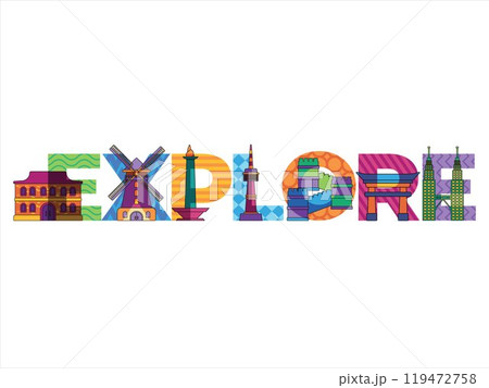Explore font exploration traveling around the world landmarks places colorful alphabet modern concept design icon set 119472758