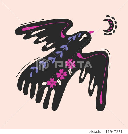 Folk ornamental bird and flowers. Best for greeting card. Template vector illustration. 119472814