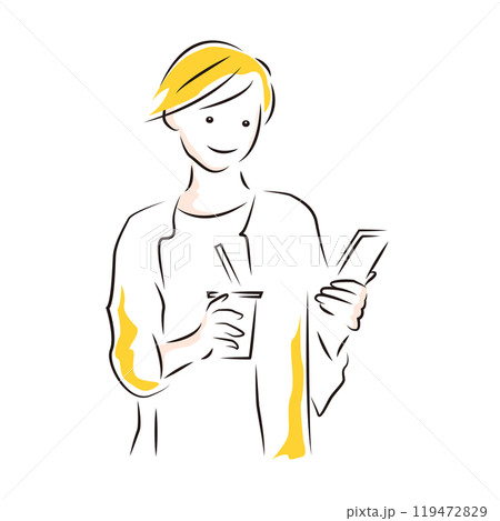 ビジネス|休憩中に携帯を見るオフィスレディのイラスト ビジネス|休憩中に携帯を見るオフィスレディのイラスト 119472829