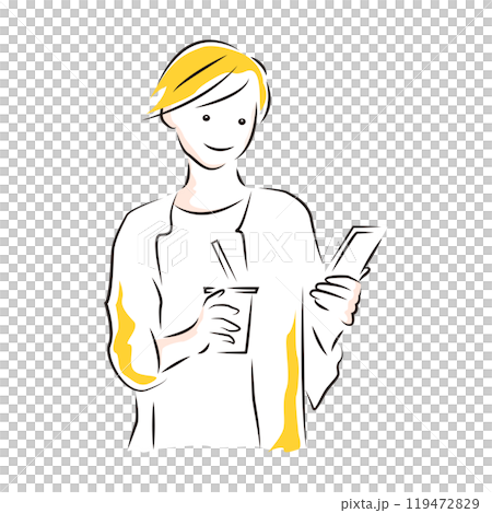 ビジネス|休憩中に携帯を見るオフィスレディのイラスト ビジネス|休憩中に携帯を見るオフィスレディのイラスト 119472829