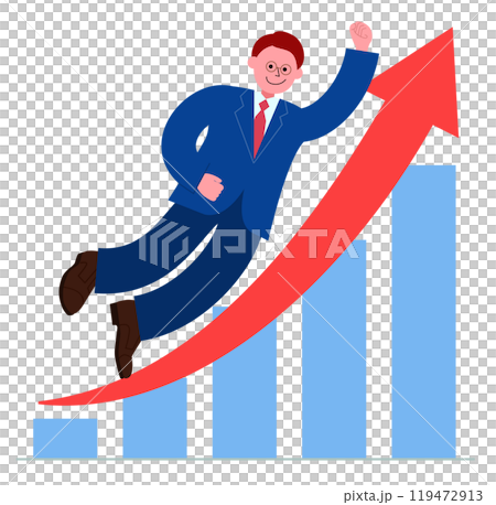 Illustration of a man in a suit floating in the air with his fist raised and a bar graph rising to the right 119472913