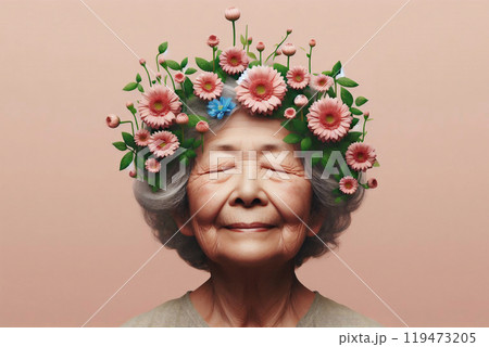 頭に花を被った高齢女性	 119473205