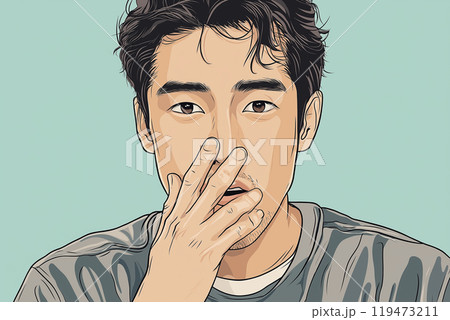 口に手を当てて驚く男性 119473211