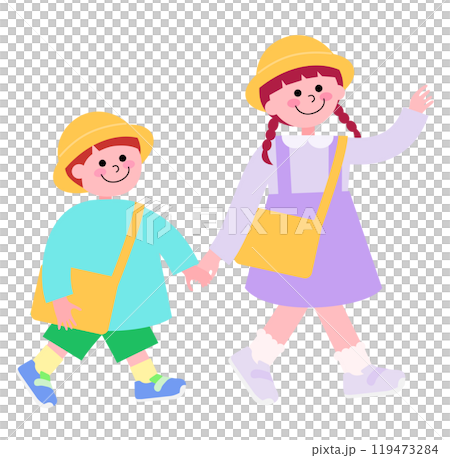 An illustration of a girl in a skirt with pigtails and her brother wearing a smock walking to kindergarten, holding hands and smiling 119473284