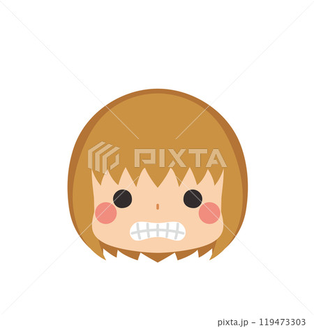 しかめっ面をする可愛い小さな女の子の絵文字イラスト　アイコン　顔　表情　白背景　ベクター 119473303