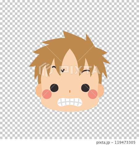 一個可愛的小男孩皺眉圖標面部表情白色背景向量的表情符號插圖 一個可愛的小男孩皺眉圖標面部表情白色背景向量的表情符號插圖 119473305