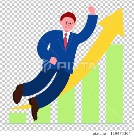 右肩上がりの棒グラフと拳を突き上げて宙を浮くスーツを着た男性のイラスト 右肩上がりの棒グラフと拳を突き上げて宙を浮くスーツを着た男性のイラスト 119473364