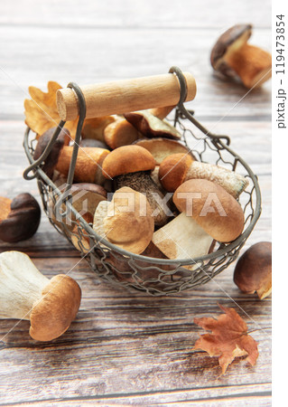 A rustic basket filled with various fresh mushrooms resting on a wooden table in an autumn setting A rustic basket filled with various fresh mushrooms resting on a wooden table in an autumn setting 119473854