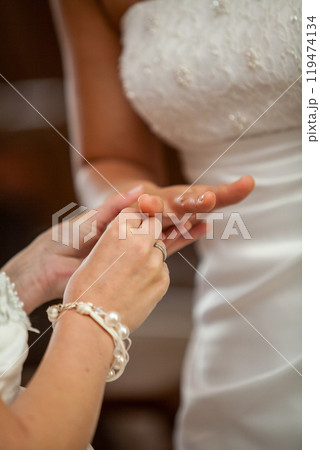 The Special Moment of Exchanging Wedding Rings to Celebrate Their Love and Commitment 119474134