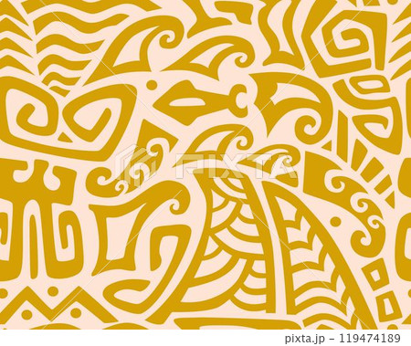 Polynesian motifs. Tiki seamless pattern. Aztec textile print.Geometric, vector background. Suitable for printing on fabric and paper, for parties.  119474189