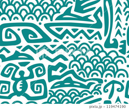 Polynesian motifs. Tiki seamless pattern. Aztec textile print.Geometric, vector background. Suitable for printing on fabric and paper, for parties.  119474190