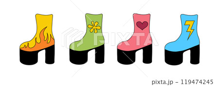 Set of trendy 1980 retro disco boots. Collection vintage shoes different design. Vector flat illustration. 119474245