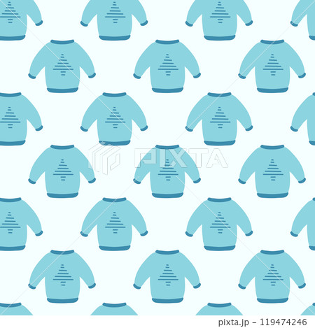 Seamless pattern. Winter sweater with Christmas tree design. Cozy background. Vector flat illustration. 119474246