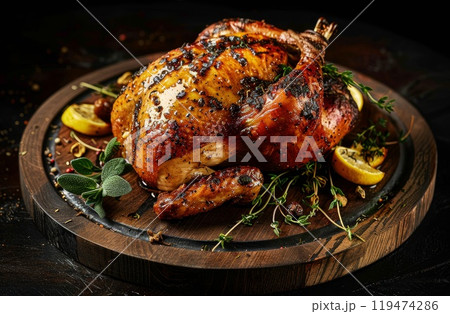 Cooking chicken gourmet. Rustic meat meal on dish. Spicy cooked barbecue. Grilled roasted bbq on plate. Fried grill food 119474286