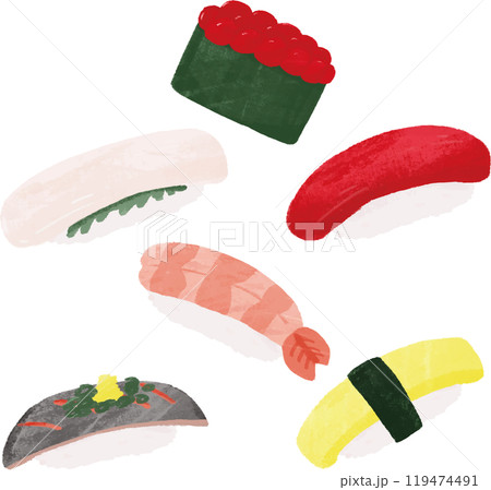いろいろなお寿司の手描きイラストのパターン 119474491