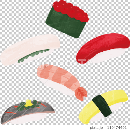 いろいろなお寿司の手描きイラストのパターン 119474491