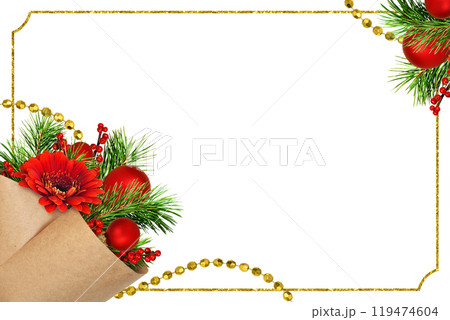 Christmas bouquet in corner arrangements and a golden frame isolated on white Christmas bouquet in corner arrangements and a golden frame isolated on white 119474604