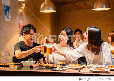 居酒屋でお酒を飲む若い男女 居酒屋でお酒を飲む若い男女 119474720