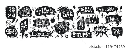 Doodle black speech bubbles or comic explosion boxes with insults, curses, swearwords, censored symbols 119474989