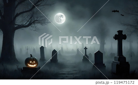 霧に包まれた墓地の風景 08 霧に包まれた墓地の風景 08 119475172