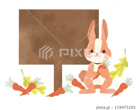 秋の森でウサギと落ち葉とにんじんの看板フレームのイラスト 119475203