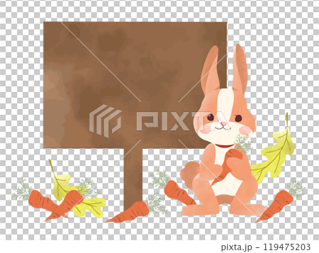秋の森でウサギと落ち葉とにんじんの看板フレームのイラスト 119475203