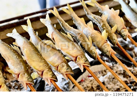 鮎の塩焼き、アユの塩焼、炭火焼、アウトドア料理、川魚料理、焼魚。 鮎の塩焼き、アユの塩焼、炭火焼、アウトドア料理、川魚料理、焼魚。 119475271