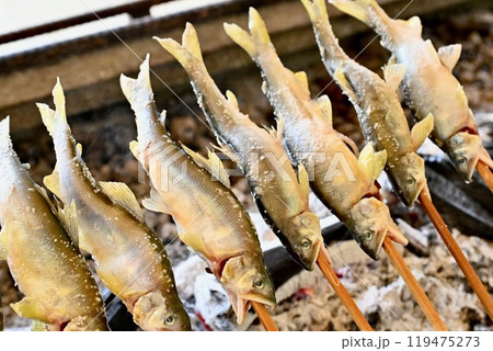 鮎の塩焼き、アユの塩焼、炭火焼、アウトドア料理、川魚料理、焼魚。 119475273
