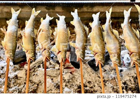 鮎の塩焼き、アユの塩焼、炭火焼、アウトドア料理、川魚料理、焼魚。 鮎の塩焼き、アユの塩焼、炭火焼、アウトドア料理、川魚料理、焼魚。 119475274