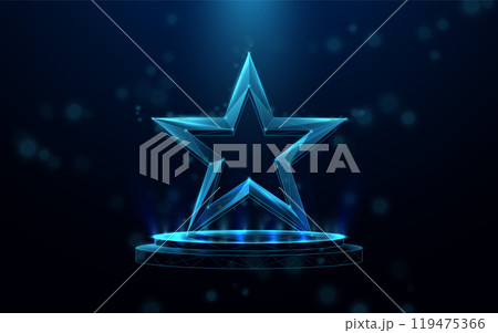 Futuristic glowing 3D star on a digital platform with blue light effects Futuristic glowing 3D star on a digital platform with blue light effects 119475366