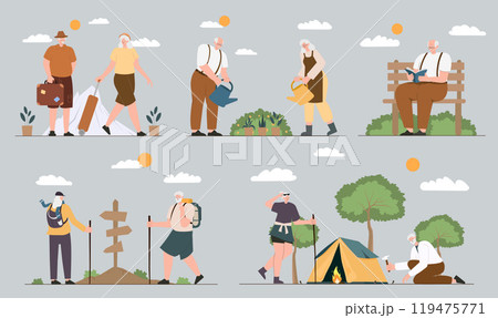 Seniors enjoying outdoor activities in nature. Vector illustrations. 119475771