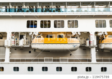 Close-up of enclosed lifeboats on a cruise ship in Kaohsiung, Taiwan. 119475789