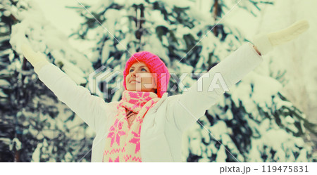 Happy cheerful smiling young woman in colorful knitted hat, enjoys weather in winter snowy park Happy cheerful smiling young woman in colorful knitted hat, enjoys weather in winter snowy park 119475831