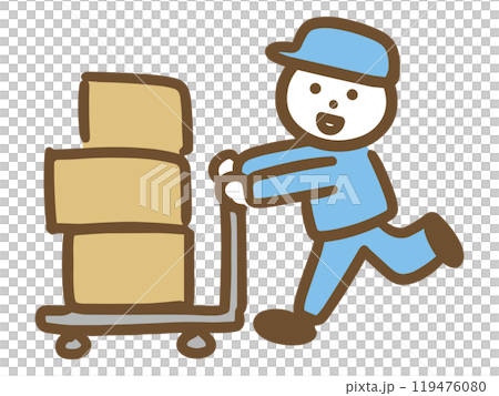 A young male worker carrying cardboard boxes on a cart (full body) 119476080