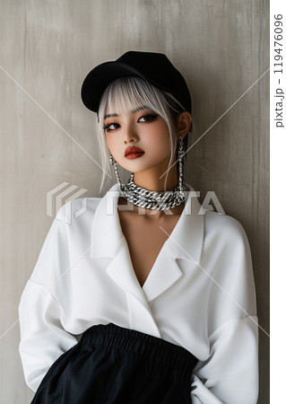 Elegant young woman wearing modern minimalist fashion, featuring a black cap and striking jewelry. Elegant young woman wearing modern minimalist fashion, featuring a black cap and striking jewelry. 119476096