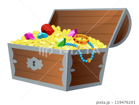 Treasure gold coins. Chest full of shiny royal gold and gemstones. Gold treasure, shiny savings, golden coins isolated on white background. Vector cartoon icon 119476201