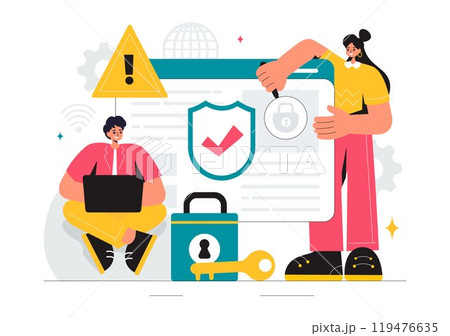 Vulnerability and Threat Management Solutions Vector Illustration featuring Data Breach Security Attack, Hacker Fraud, and Coding Issues in background 119476635
