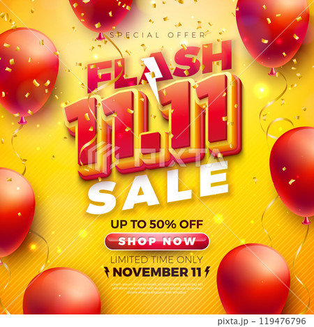 11 November Shopping Day Flash Sale Design with 3d 11.11 Number and Party Balloon on Yellow Falling Confetti Background. Vector Special Offer 50 Percent Off Campaign Discount Illustration for Coupon 119476796