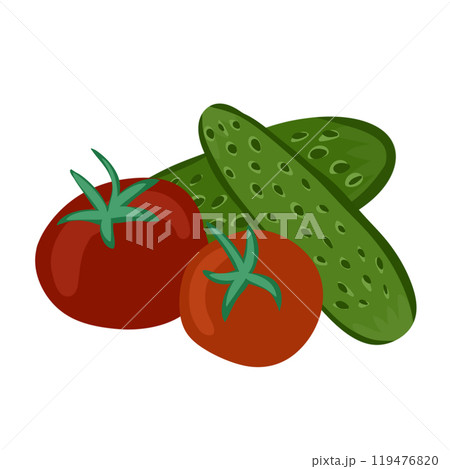 Hand drawn illustration of green cucumbers red orange tomatoes. fresh vegan vegetarian food, kitchen print, healthy ingredients, organic farming, design for packaging farmers market. Hand drawn illustration of green cucumbers red orange tomatoes. fresh vegan vegetarian food, kitchen print, healthy ingredients, organic farming, design for packaging farmers market. 119476820