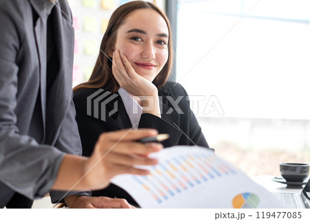 Business leaders talk about charts, financial graphs showing results are analyzing and calculating planning strategies, business success building processes 119477085