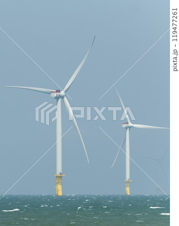 View of the Offshore wind power systems off the western coast of Taiwan. Offshore wind power systems, Taiwan. View of the Offshore wind power systems off the western coast of Taiwan. Offshore wind power systems, Taiwan. 119477261