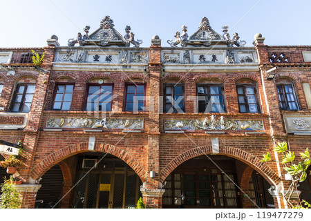 View of the Hukou Old Street building in Hsinchu, Taiwan. The street is the baroque-style architecture built during Japanese rule.  119477279