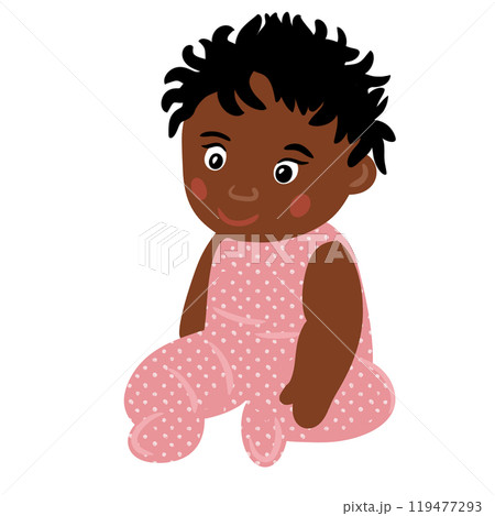 Hand drawn illustration of african american black cute baby girl in pink sitting. Birthday baby shower celebration poster, kids children nursery design in simple shapes colors, funny toddler childhood 119477293