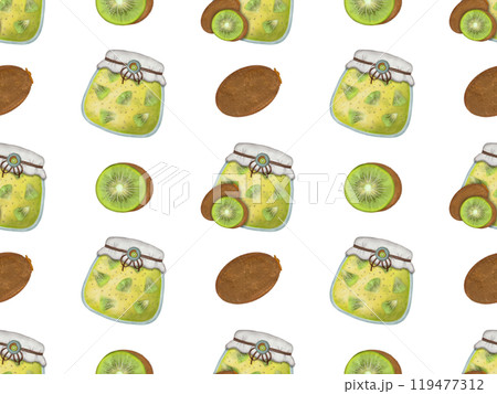Seamless pattern of fruits from jam jars. Hand drawn watercolor illustration. For menus, labels, paper, textiles 119477312