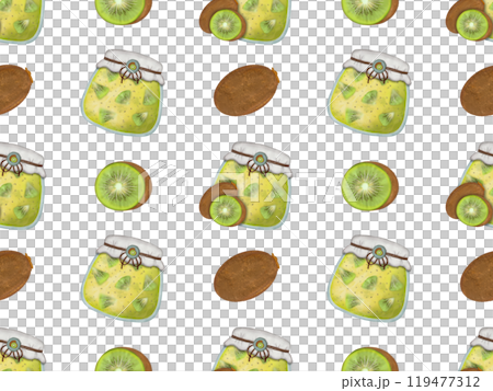 Seamless pattern of fruits from jam jars. Hand drawn watercolor illustration. For menus, labels, paper, textiles 119477312