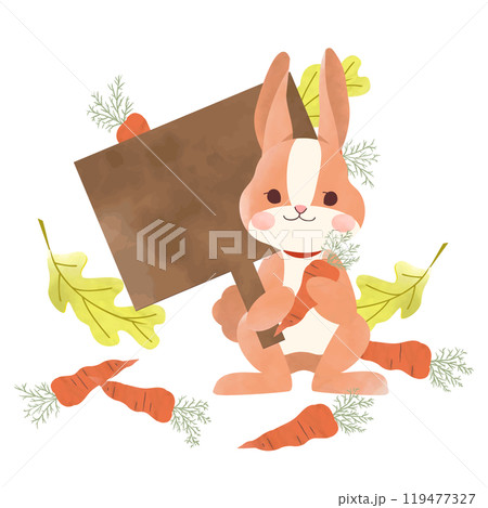 森で看板を持っているウサギと人参 119477327