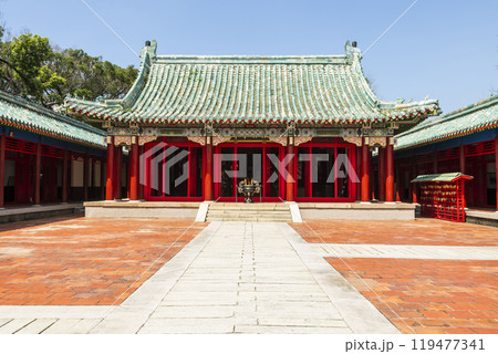 Building view of the Koxinga Shrine(Yanping Junwang Temple) in Tainan, Taiwan, is the only Fujianese-style shrine in Taiwan. 119477341