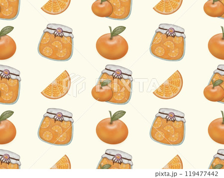 Seamless pattern of fruits from jam jars. Hand drawn watercolor illustration. For menus, labels, paper, textiles 119477442